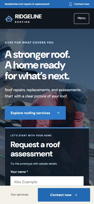 Mobile view of the Ridgeline Roofing example homepage